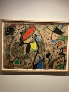 Peinture   Miró : "Femmes, oiseau" 12 août 1975 ; pinceau et encre de Chine, lavis d'encre de Chine, fusain, pastel, craie, aquarelle ; 77,5 X 106 cm